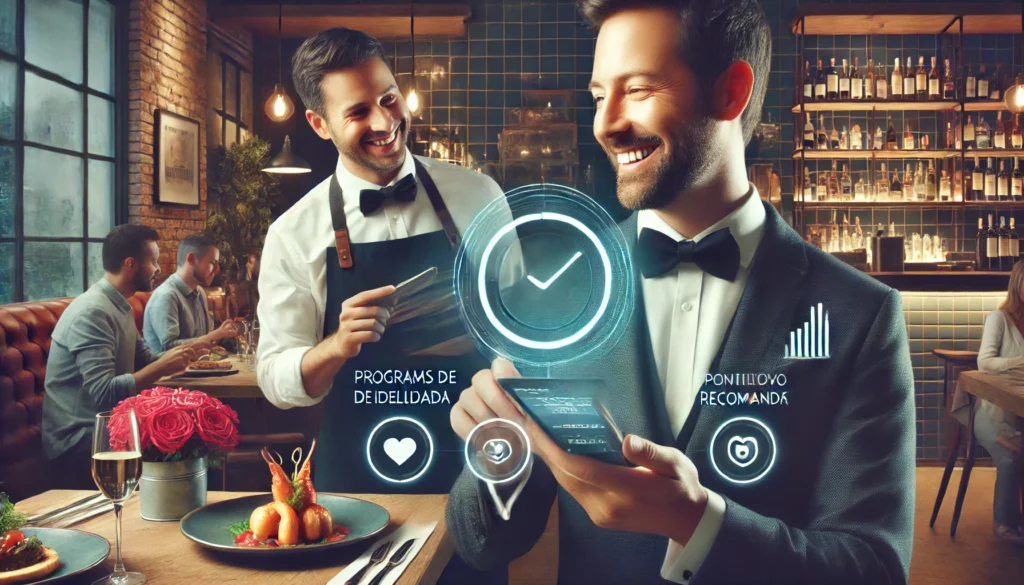 Ilustração moderna e realista de um programa de fidelidade para restaurantes, com clientes interagindo em um ambiente acolhedor, usando dispositivos móveis para acumular pontos e receber recompensas, transmitindo inovação e eficiência.