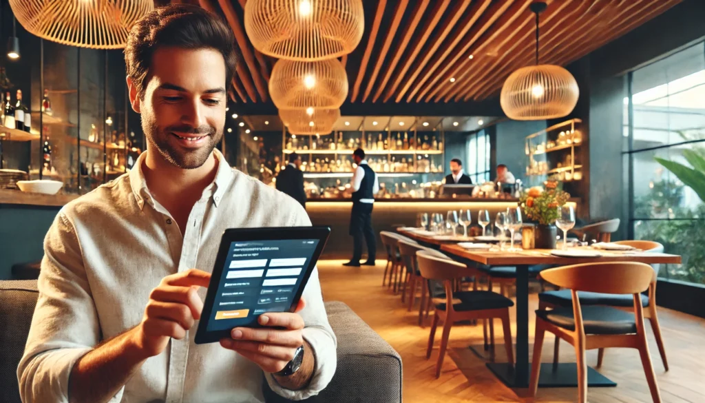 Cliente usando aplicativo de programa de fidelidade em restaurante moderno com decoração acolhedora e profissionalismo.