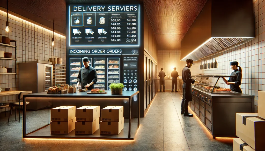 Ilustração moderna e realista de dark kitchens de alta tecnologia otimizada para delivery, com chefs profissionais trabalhando em um ambiente inovador e automatizado.