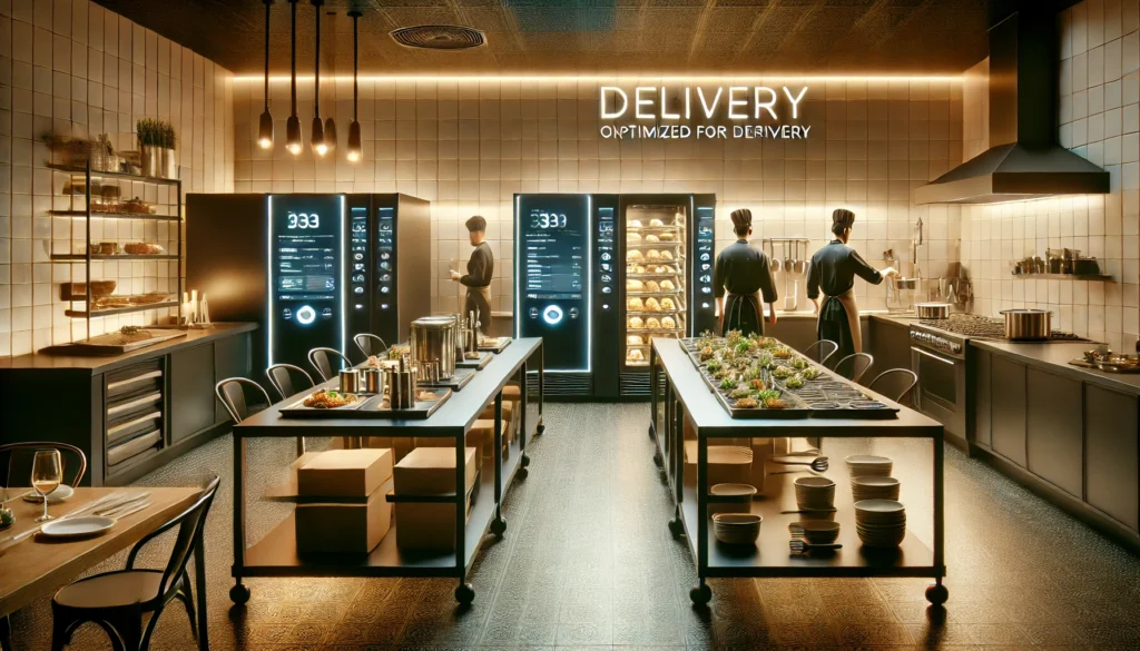 Ilustração moderna e realista de dark kitchens de alta tecnologia otimizada para delivery, com chefs preparando refeições de forma eficiente, utilizando equipamentos de última geração em um ambiente profissional e inovador.
