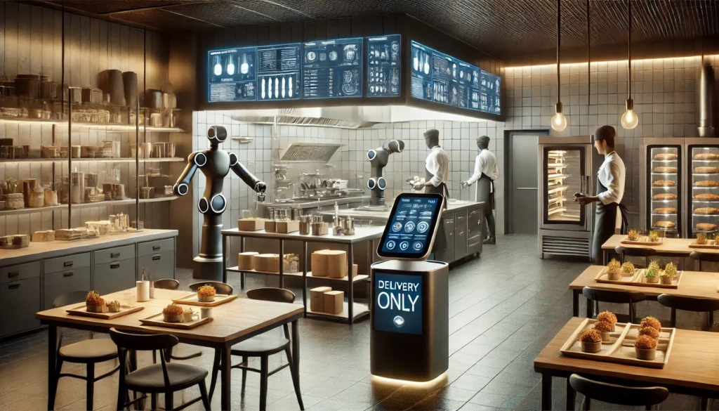 Ilustração realista e moderna de dark kitchens de alta tecnologia, com estações de cozimento automatizadas, telas inteligentes exibindo pedidos e um fluxo de trabalho eficiente. O ambiente é profissional, iluminado com tons quentes, e conta com chefs trabalhando ao lado de braços robóticos e dispositivos com IA, destacando inovação e eficiência.