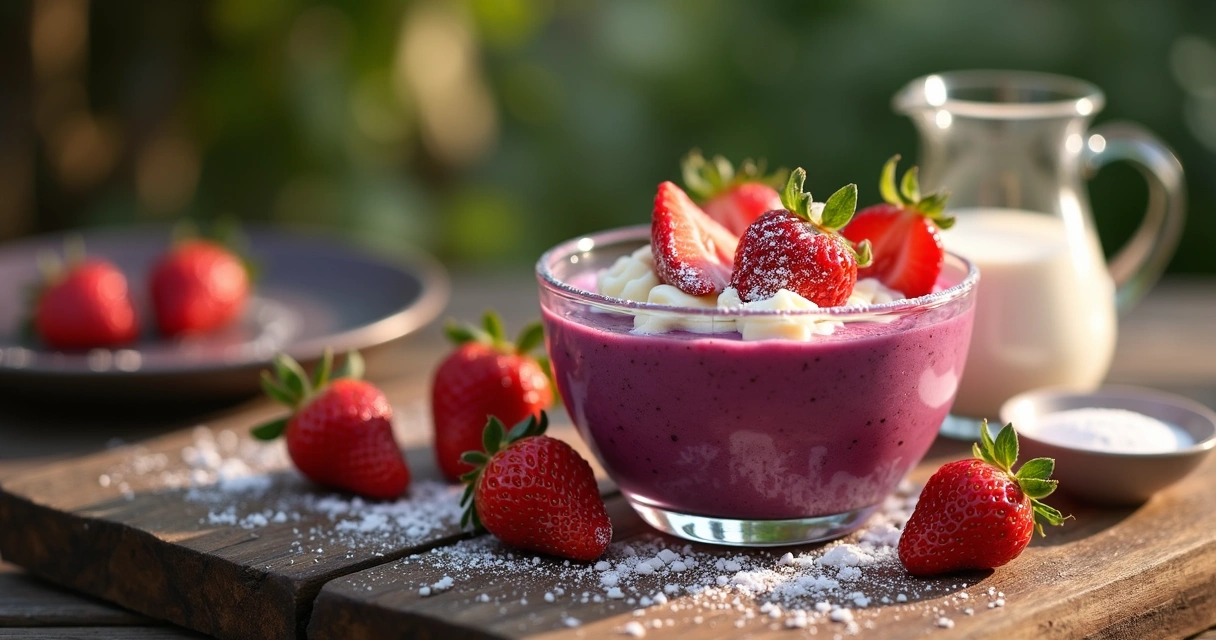 Taça de açaí com leite condensado, leite em pó e morangos ao redor sobre mesa de madeira