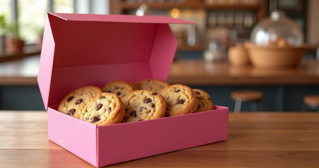 Caixa rosa icônica da Crumbl Cookies com cookies variados em fundo desfocado