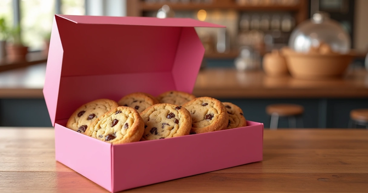 Caixa rosa icônica da Crumbl Cookies com cookies variados em fundo desfocado