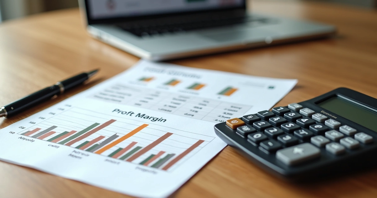 Calculadora com planilha financeira mostrando cálculos de margem de lucro em mesa de madeira