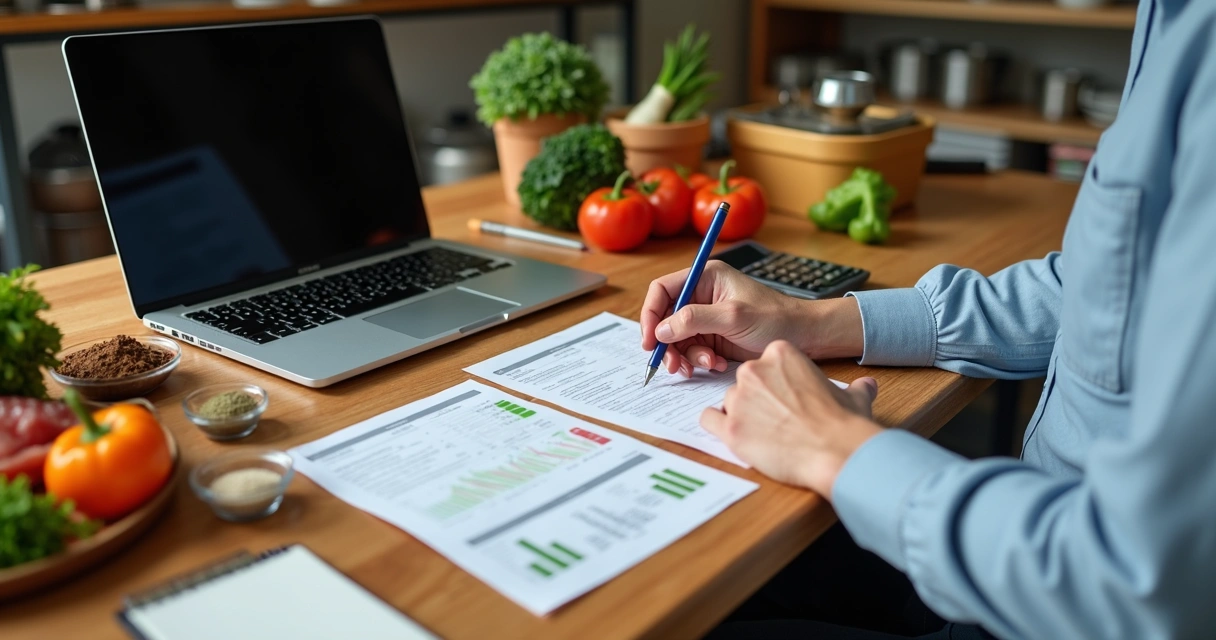 Mãos calculando custo e estoque de restaurante com planilha e ingredientes na mesa