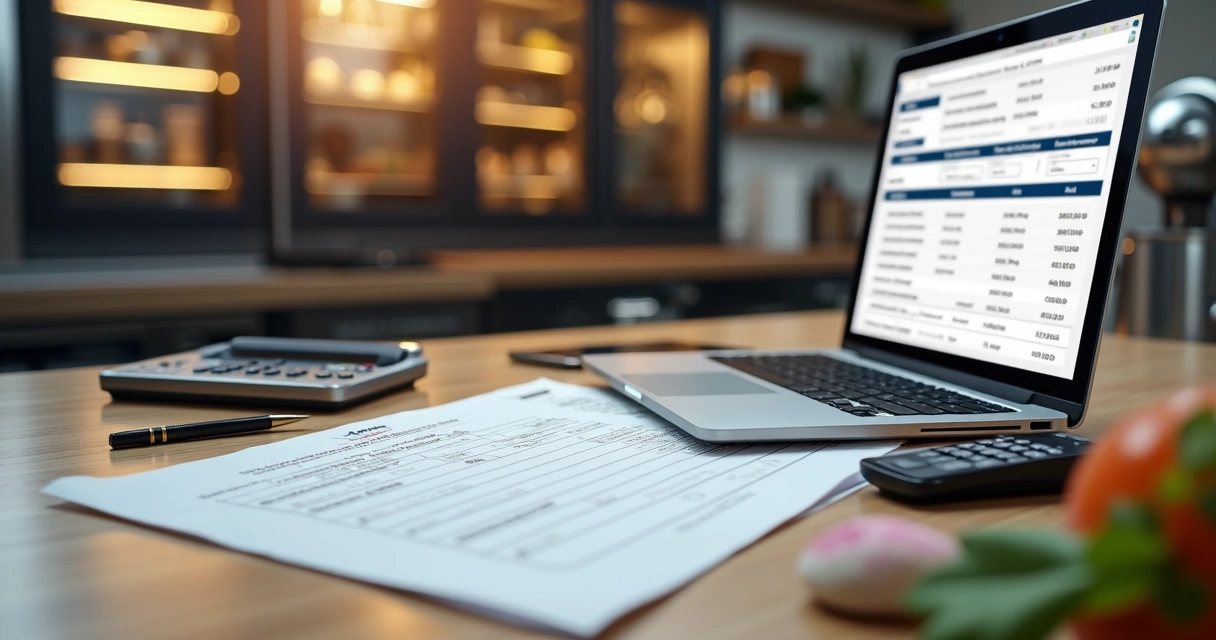 Cálculo detalhado de precificação de pratos com planilha, calculadora e equipamentos de cozinha ao fundo