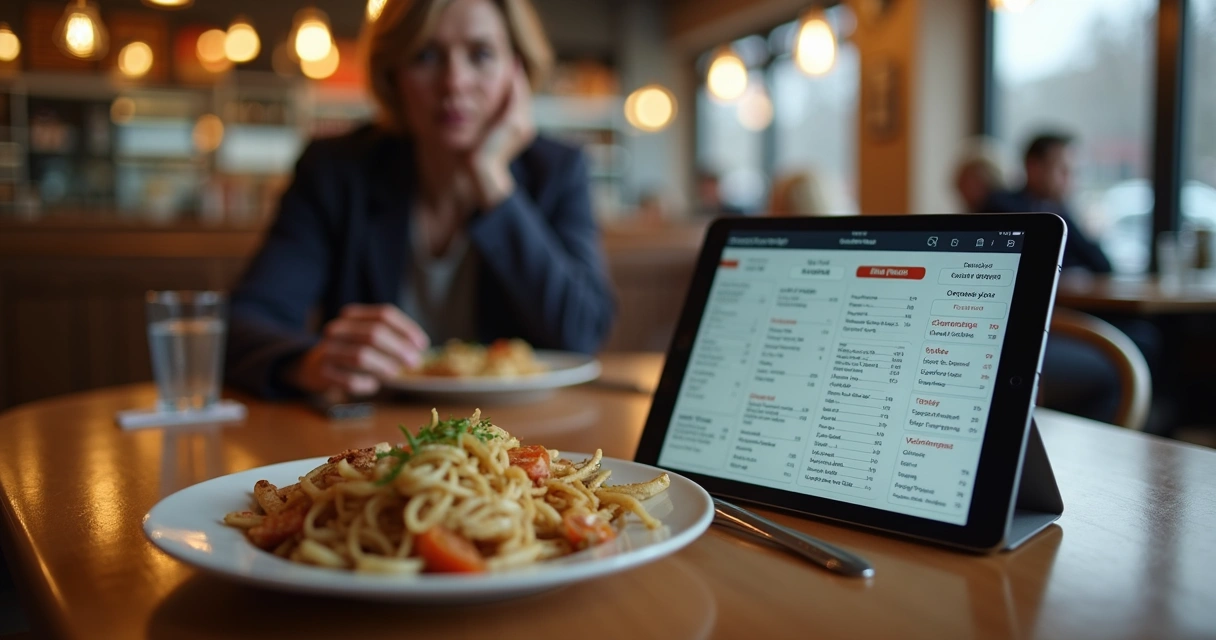 Mesa com tablet exibindo cardápio digital confuso e desfocado, prato com comida borrada e cliente insatisfeito ao fundo