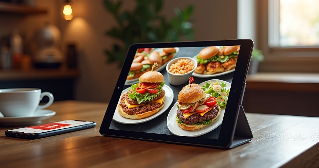 Mesa elegante com cardápio digital exibindo fotos coloridas e detalhadas de pratos de comida para delivery