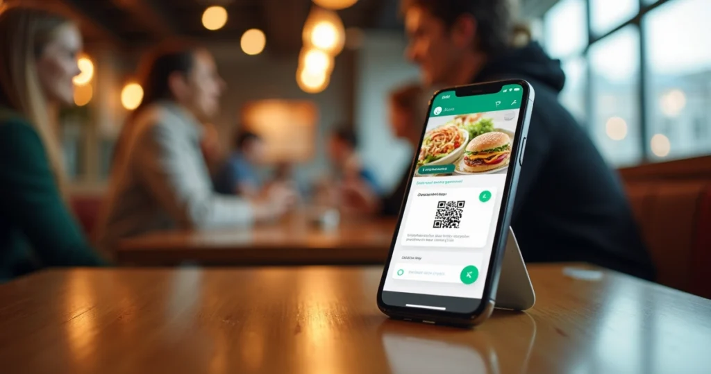 Mesa de restaurante moderna com cardápio digital acessado via QR Code e smartphone exibindo integração com WhatsApp para pedidos