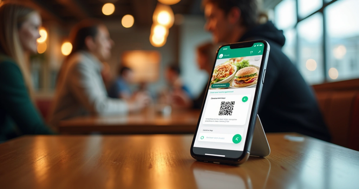 Mesa de restaurante moderna com cardápio digital acessado via QR Code e smartphone exibindo integração com WhatsApp para pedidos