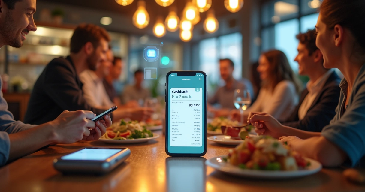 Mesa de restaurante com recibo digital mostrando cashback e cliente usando smartphone para pagamento