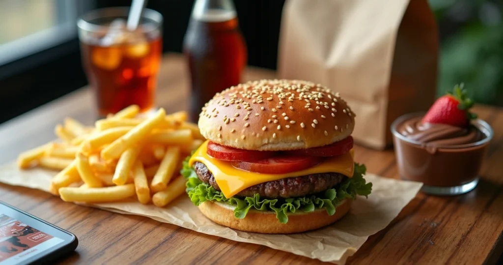 Vários combos de delivery com hambúrguer, batata frita, refrigerante e sobremesa organizados numa mesa