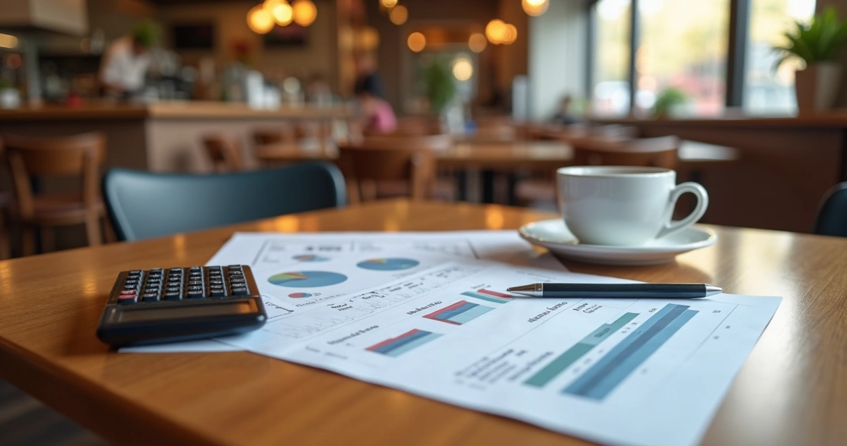 Gráfico de controle de custos com papéis e calculadora sobre mesa de madeira em restaurante