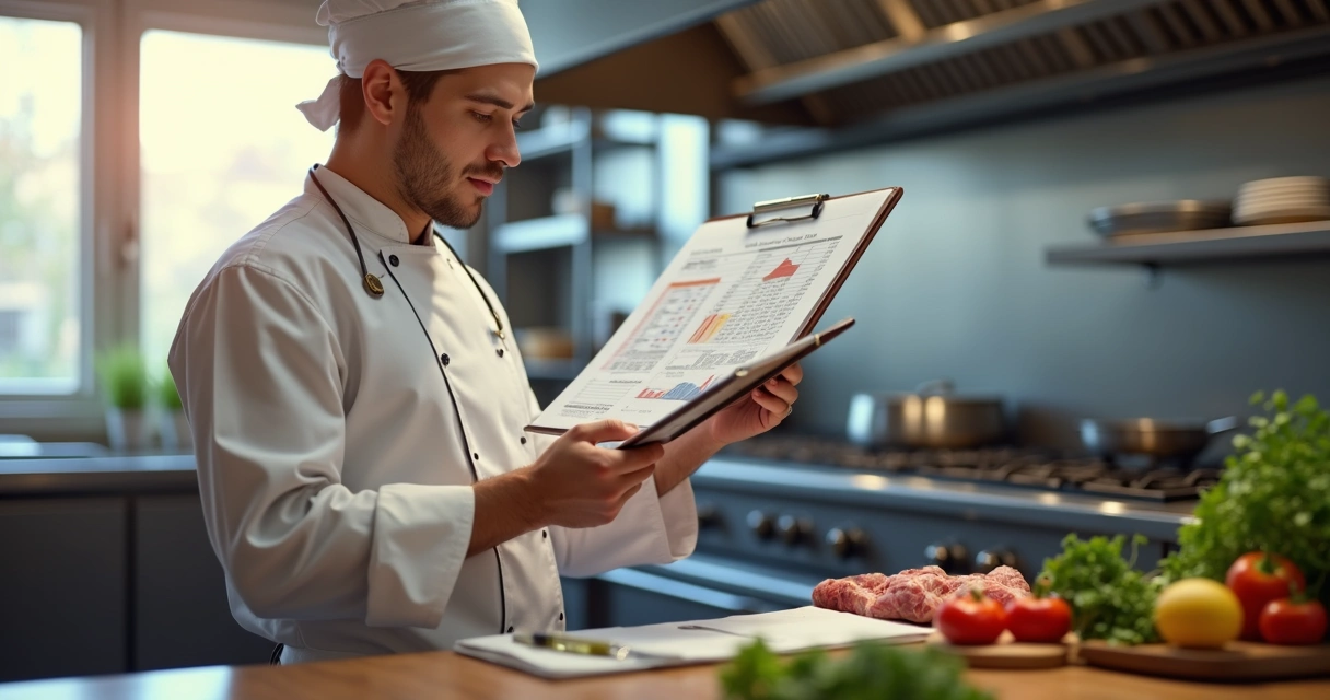Ambiente de cozinha profissional com chef conferindo planilhas de controle de custos alimentares