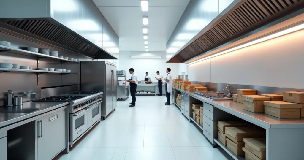 Interior moderno de uma cozinha fantasma para franquias, com equipamentos industriais de cozinha, corredores limpos, e entrega rápida com caixas organizadas