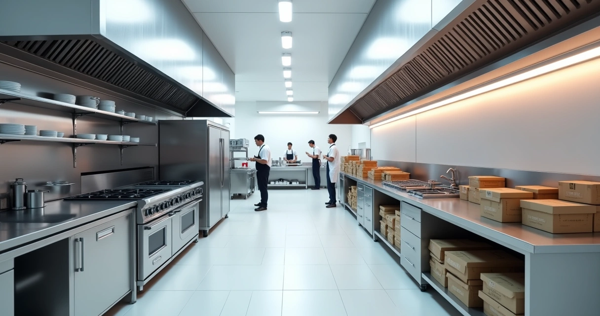 Interior moderno de uma cozinha fantasma para franquias, com equipamentos industriais de cozinha, corredores limpos, e entrega rápida com caixas organizadas
