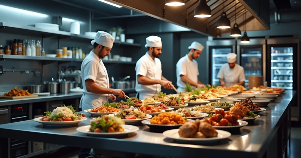 Cozinha industrial moderna equipada para dark kitchen com diferentes estações de preparo e embalagem