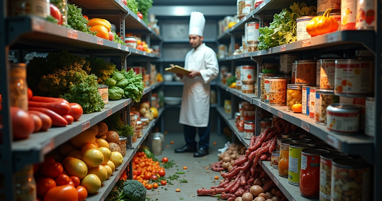 Cozinha profissional com prateleiras de estoque organizadas, alimentos frescos e produtos mal armazenados causando desperdício