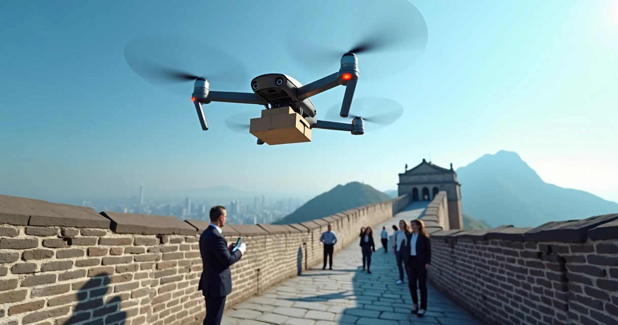 Drone realizando entrega tecnológica na Muralha da China durante demonstração da Meituan