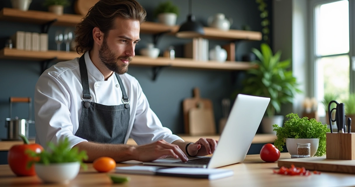 Empreendedor assistindo aula online de gastronomia com notebook em cozinha moderna