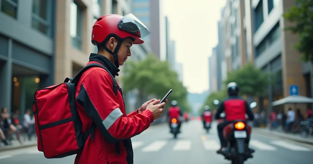 Entregador de delivery em uniforme segurando smartphone em ambiente urbano, interagindo com equipe por aplicativo
