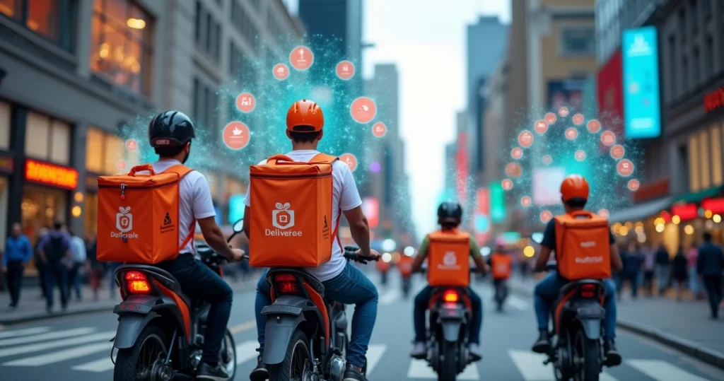 Entregadores de aplicativos de delivery em ação na rua com tecnologia digital ao fundo