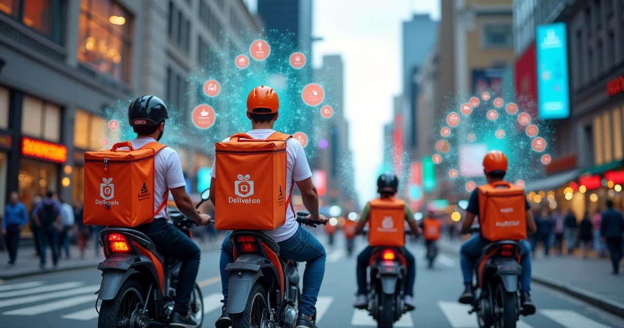 Entregadores de aplicativos de delivery em ação na rua com tecnologia digital ao fundo