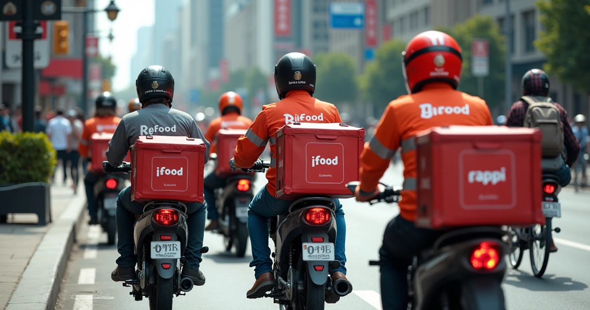Entregadores em motos e bicicletas aguardando pedidos na rua movimentada de uma cidade urbana