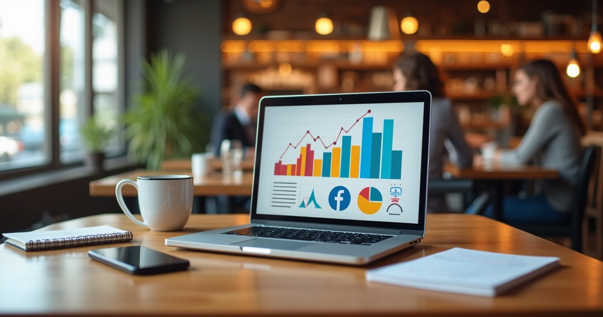 Computador em mesa de restaurante com gráficos digitais de marketing e redes sociais na tela