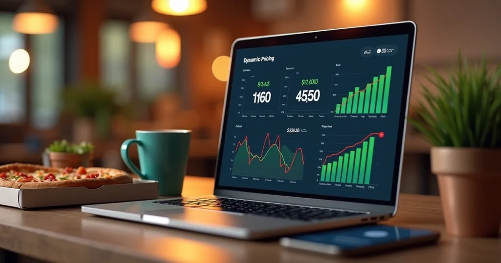 Computador com gráficos de preços dinâmicos e delivery de comida em um ambiente moderno