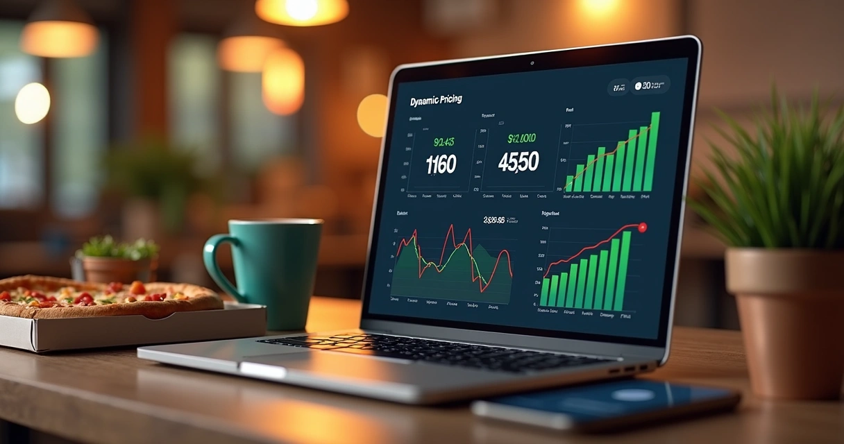 Computador com gráficos de preços dinâmicos e delivery de comida em um ambiente moderno