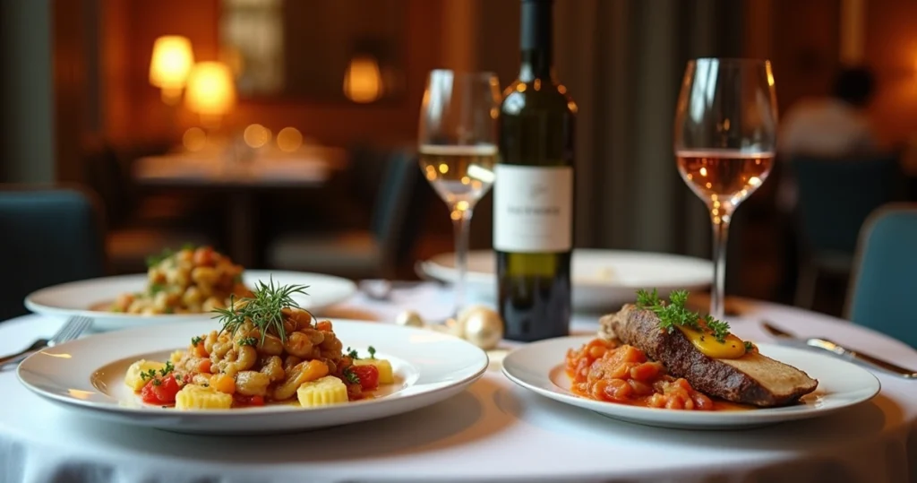 Mesa elegante com pratos gourmet coloridos, garrafa de vinho e velas acesas em ambiente sofisticado