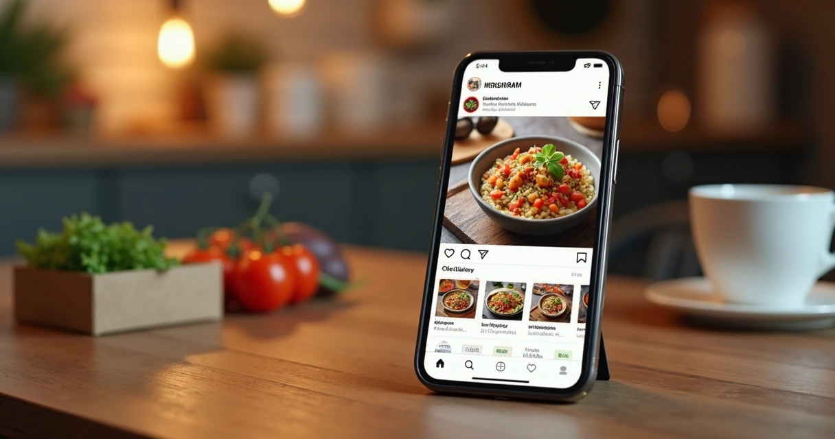 Celular mostrando perfil do Instagram com fotos de pratos para delivery em ambiente moderno e iluminado