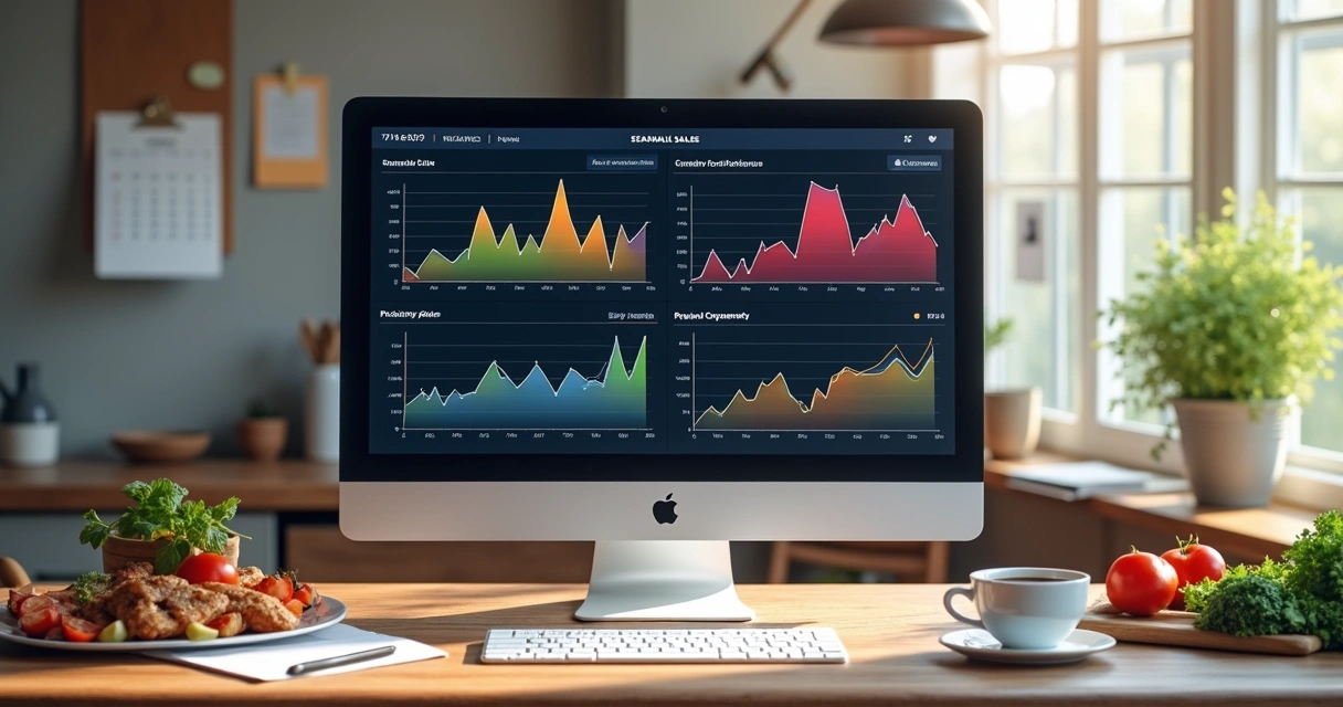 Computador exibindo gráficos de sazonalidade em negócio alimentício com interface de inteligência artificial