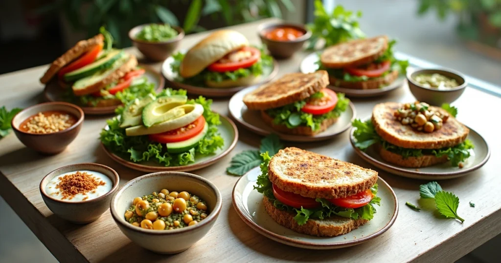 Sete lanches veganos coloridos servidos em pratos rústicos sobre mesa de madeira clara