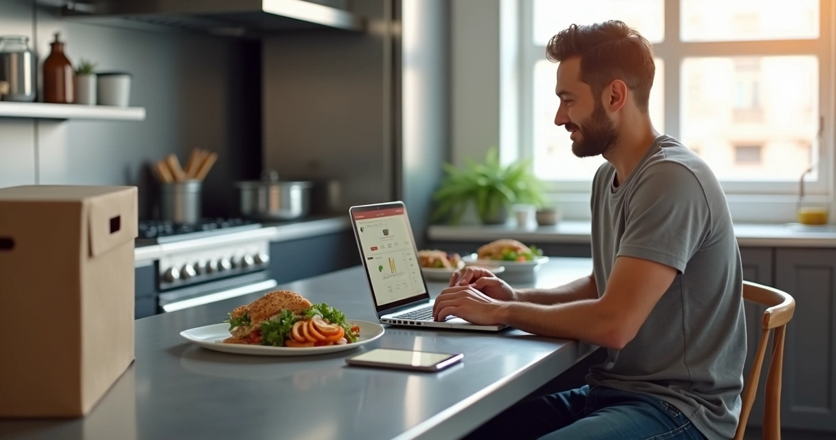 Empreendedor gerenciando pedidos em plataforma digital de delivery em ambiente de cozinha moderna