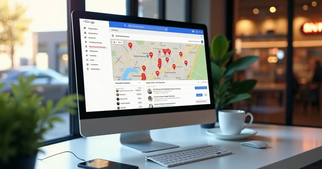 Computador com tela mostrando painel do Google Meu Negócio com mapa e avaliações locais