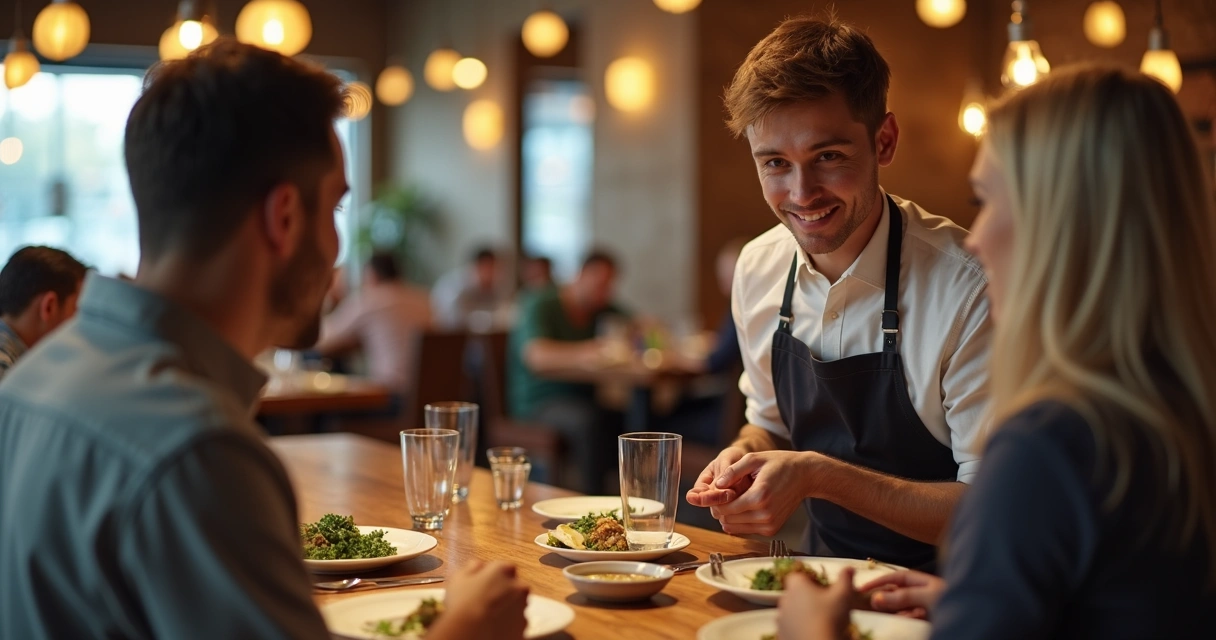 Cliente fazendo pedido com garçom recomendando acompanhamento adicional em restaurante