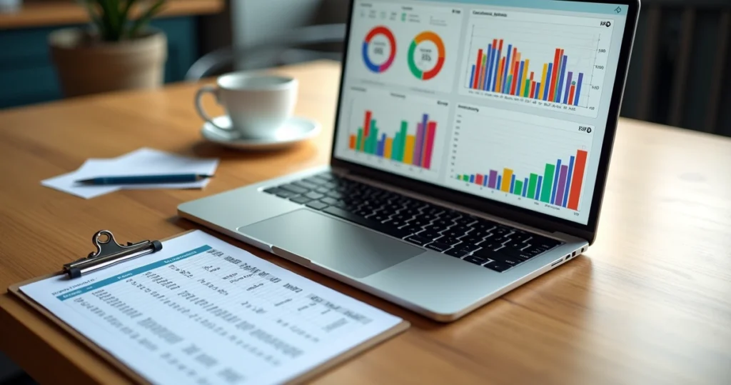 Computador e prancheta sobre mesa com planilha financeira e gráficos de software de gestão para restaurante