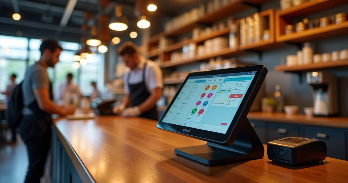 Terminal POS moderno em balcão de restaurante com leitor de cartão, tela touchscreen e garçom ao fundo