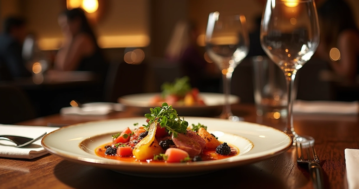 Prato gourmet com apresentação elaborada em mesa de restaurante elegante