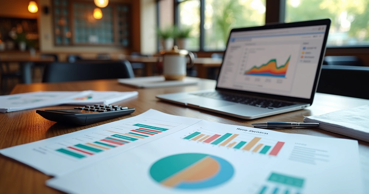 Mesa de restaurante com planilhas financeiras, calculadora e laptop mostrando gráficos de métricas financeiras