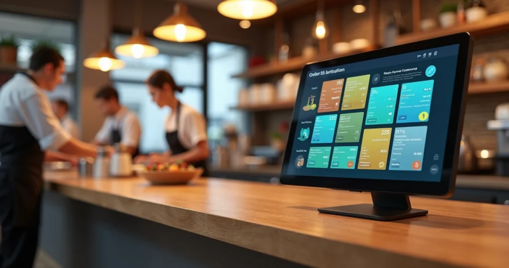 Balcão de pequeno restaurante com tela digital mostrando sistema de automação de pedidos e equipe trabalhando ao fundo