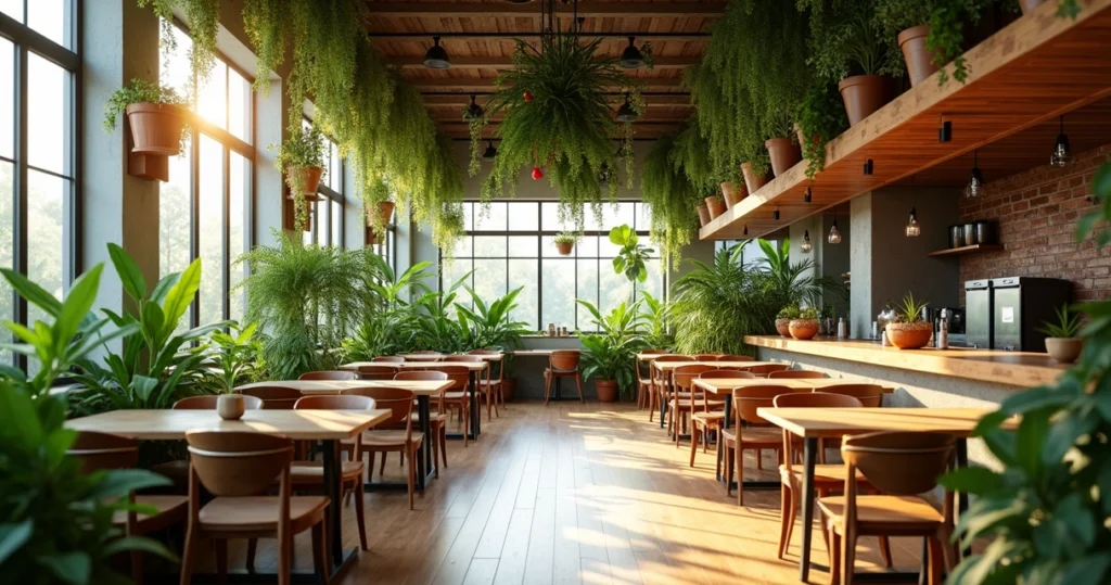 Restaurante moderno com decoração sustentável, plantas e iluminação natural
