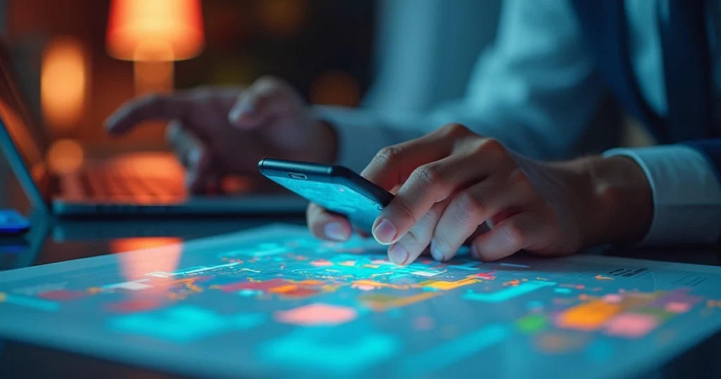 Profissional de salão analisando dados de clientes em gráficos coloridos com laptop e smartphone ao redor