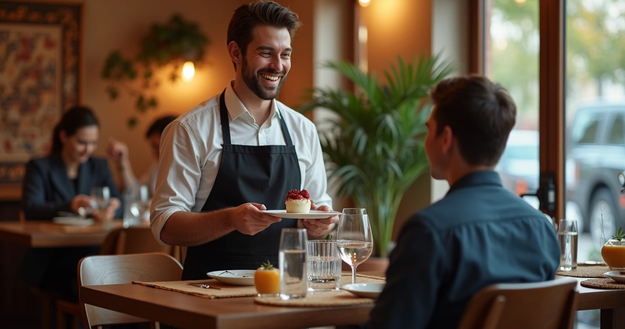Garçom sorridente oferecendo sugestão de sobremesa para cliente em restaurante com ambiente acolhedor