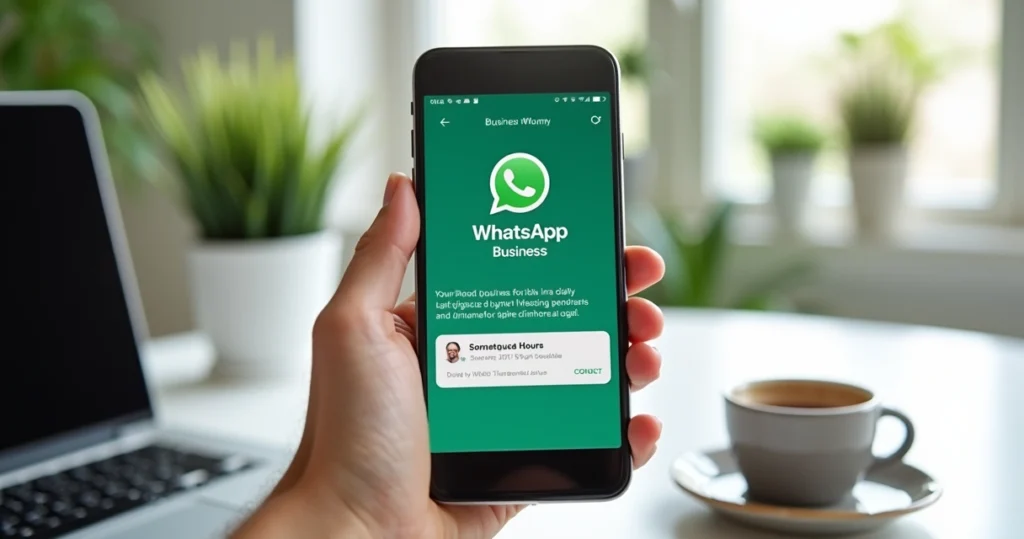 Smartphone mostrando tela de WhatsApp Business com chat automatizado aberto, ilustrando atendimento digital