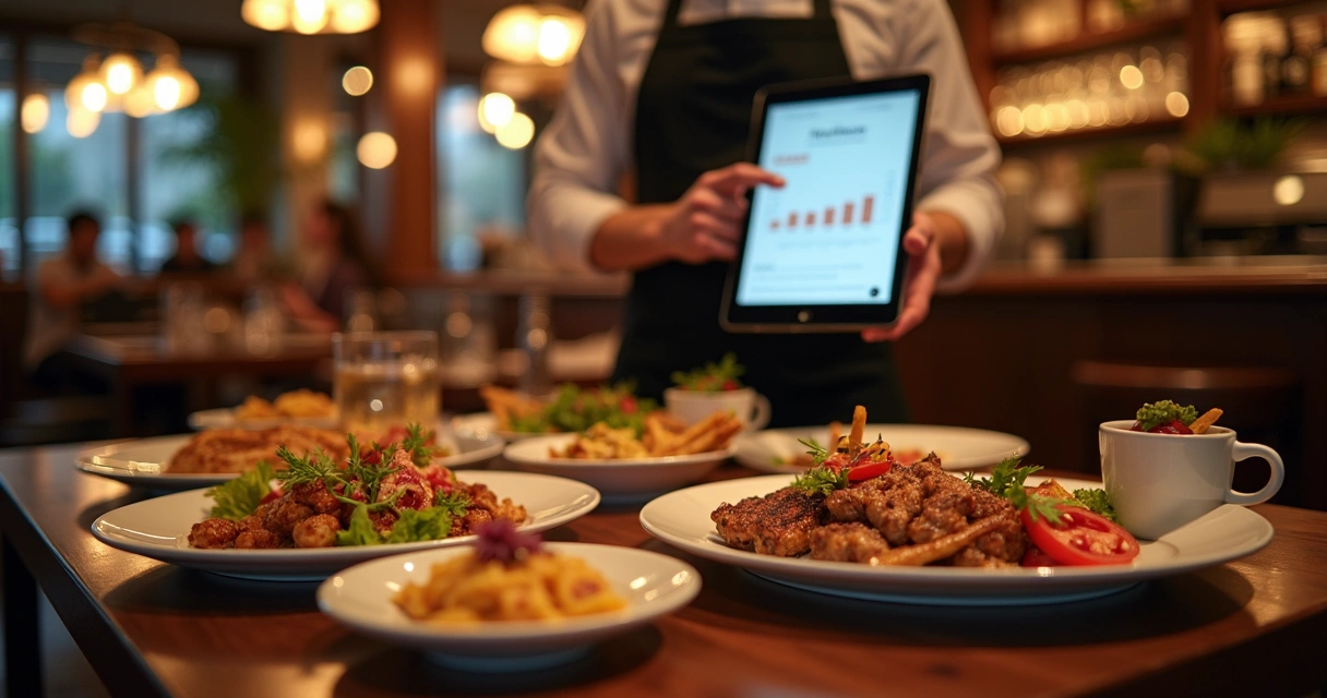 Mesa de restaurante com pratos variados, combos promocionais e atendimento personalizado