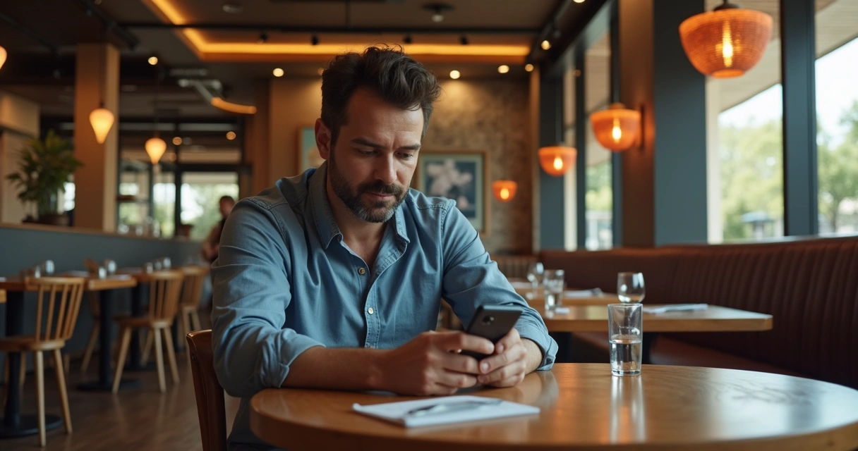 Cliente sentado em restaurante moderno avaliando atendimento pelo celular com aplicação de dados em gráfico ao lado